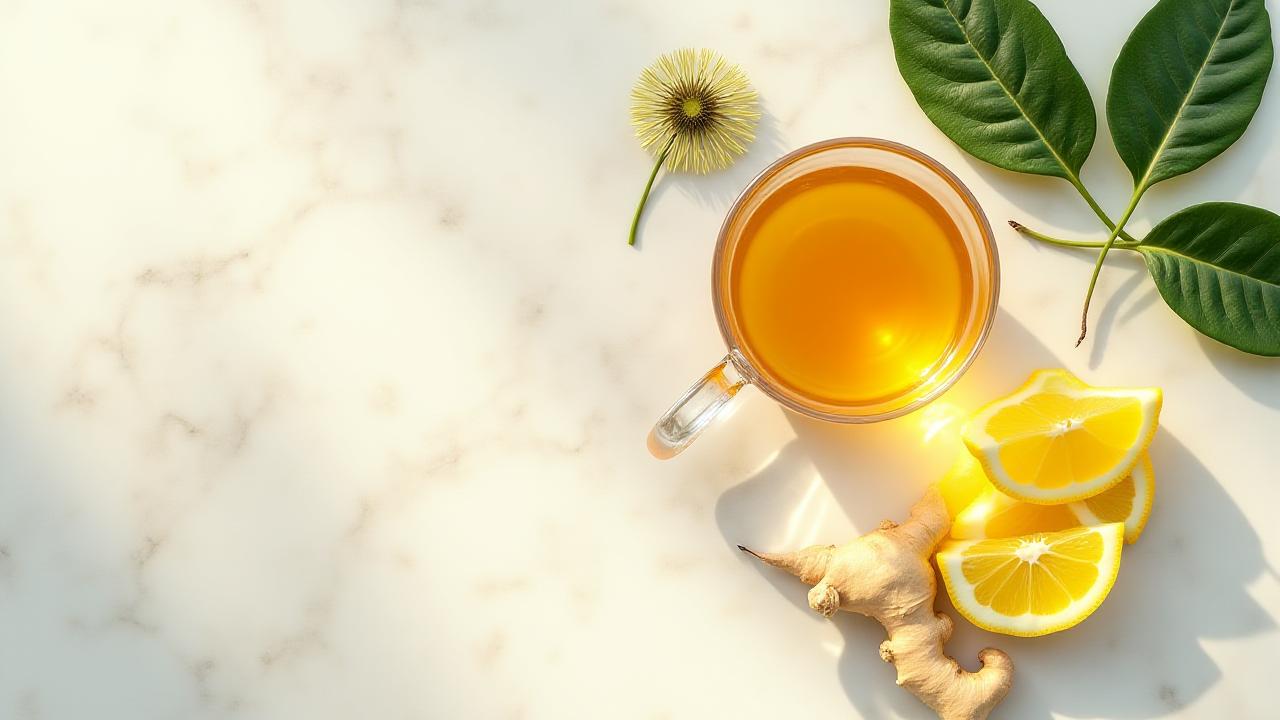 Fresh ginger, lemon, and dandelion leaves arranged beside a clear cup of herbal tea