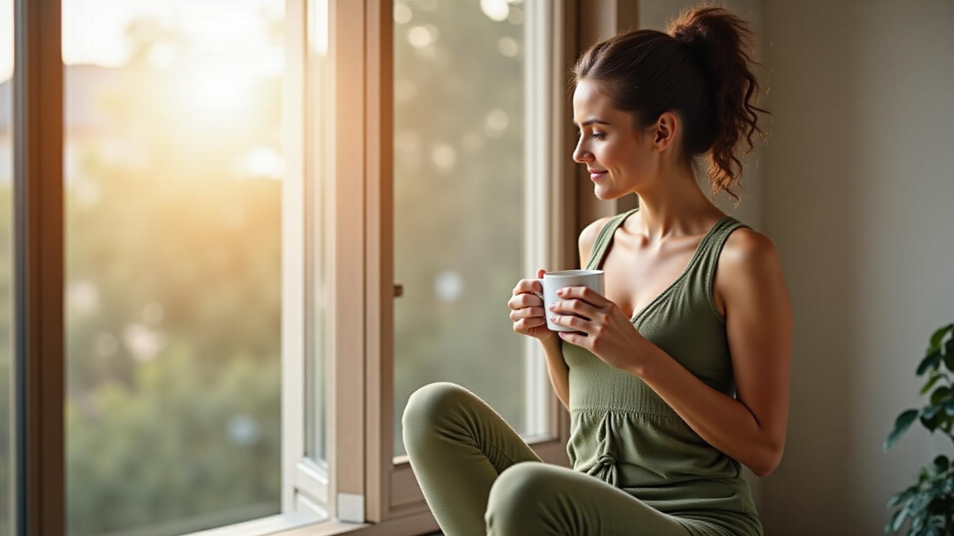Active person enjoying IsleBloom tea post-workout in a bright London setting
